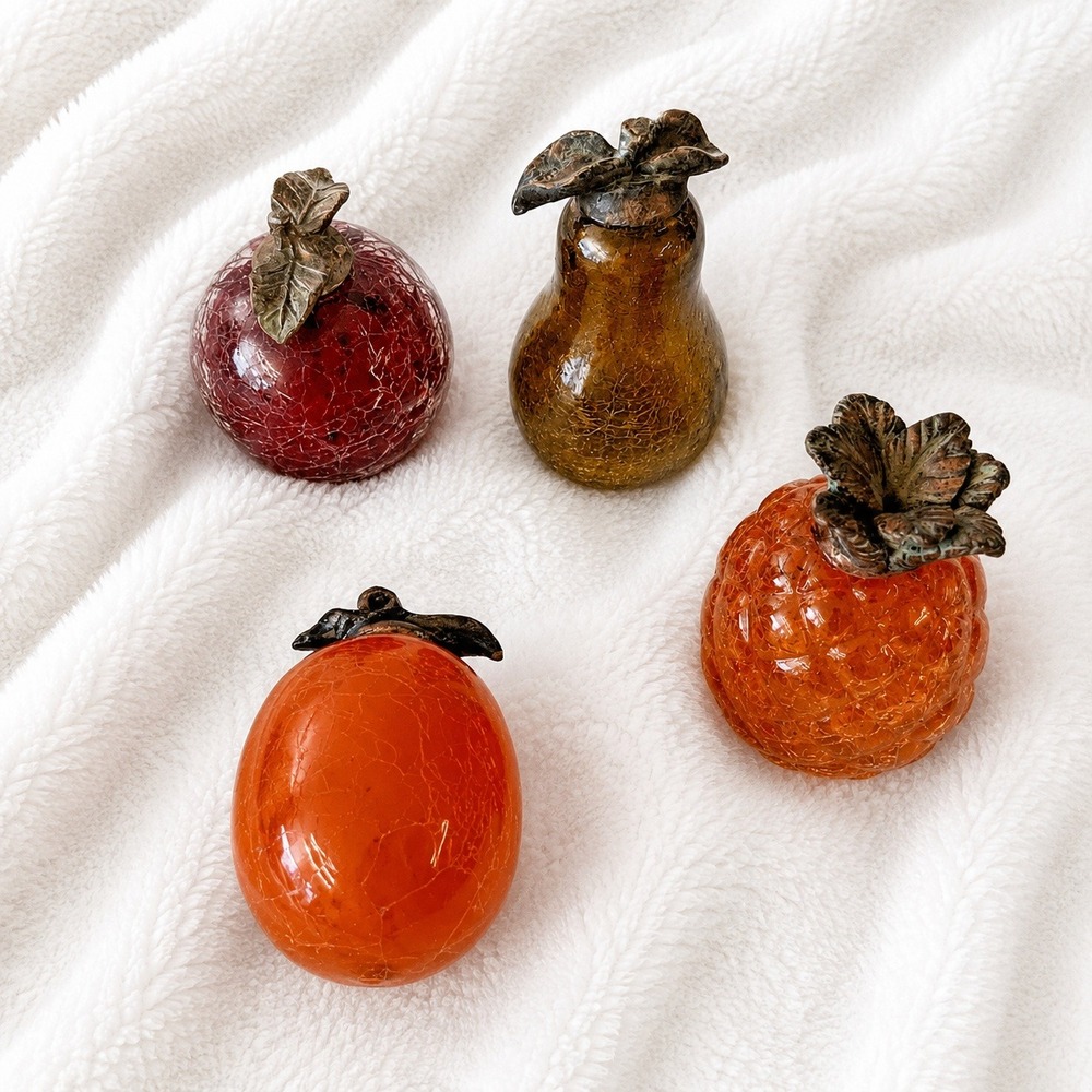 Crackle Glass Fruit Set Apple Pear Pumpkin Autumn Harvest Table Decor Retro
